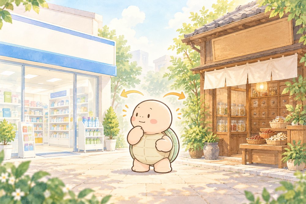ドラッグストアと漢方薬局を見比べる亀のナビ助