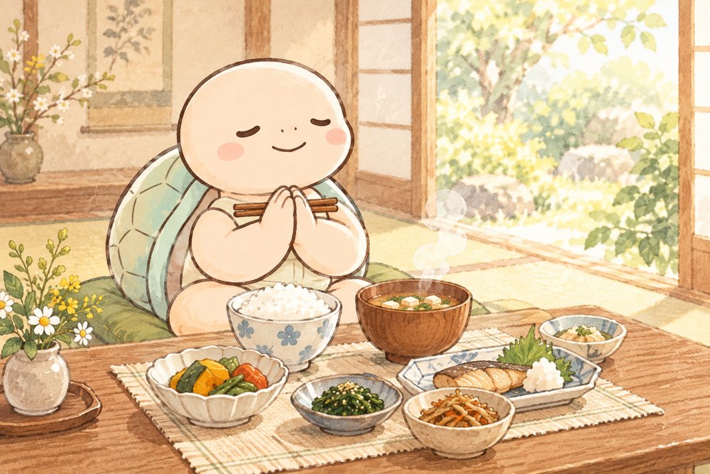 旬の和定食を前に手を合わせる亀のナビ助