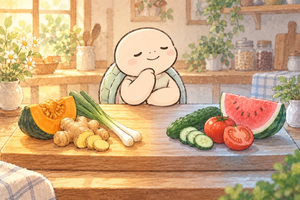 温める食材と冷やす食材を分けて並べる亀のナビ助