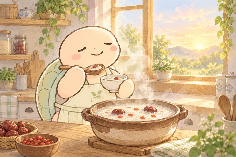 土鍋のお粥を味見する亀のナビ助
