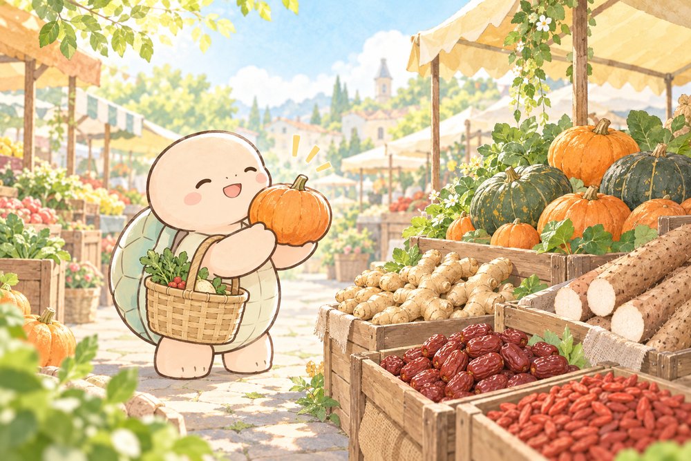 朝市でかぼちゃを手に取ってうれしそうな亀のナビ助