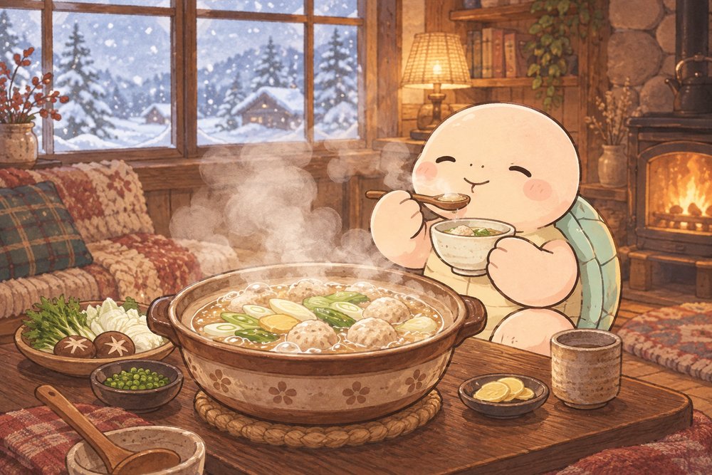 雪の日に土鍋のしょうがスープを味わう亀のナビ助