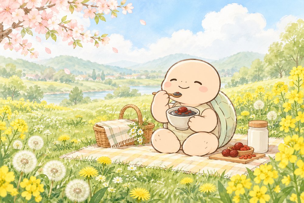 野原で黒ごまプリンを食べて笑顔の亀のナビ助