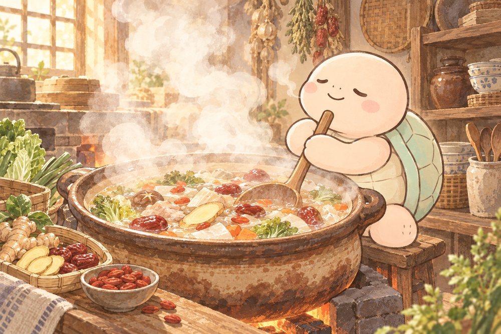 湯気の立つ台所で亀のナビ助が土鍋の薬膳スープをかき混ぜているイラスト