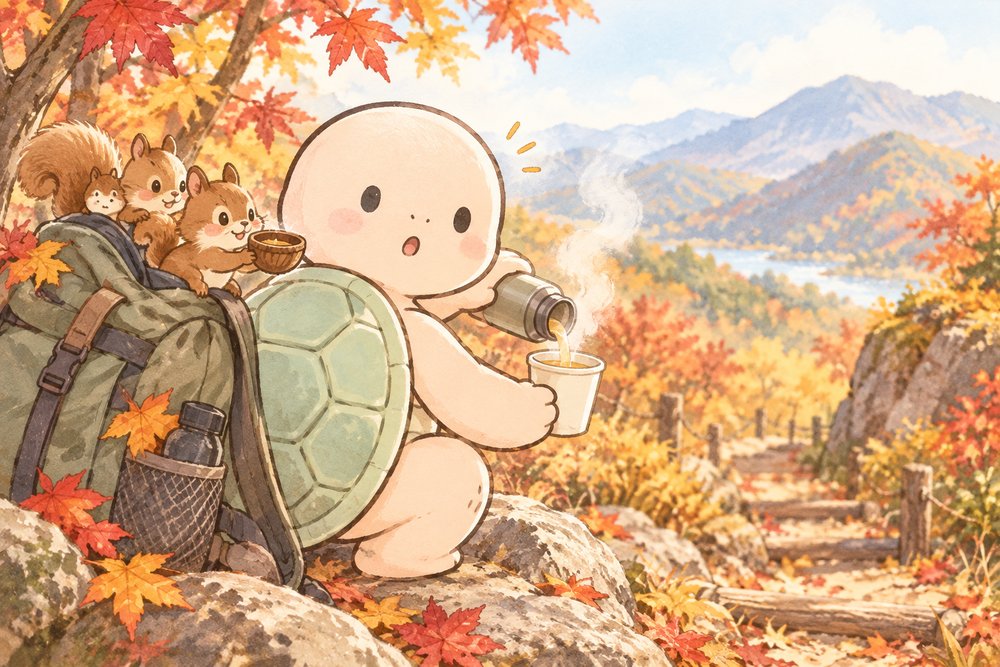 紅葉の山道で薬膳スープを注ぐカメのナビ助
