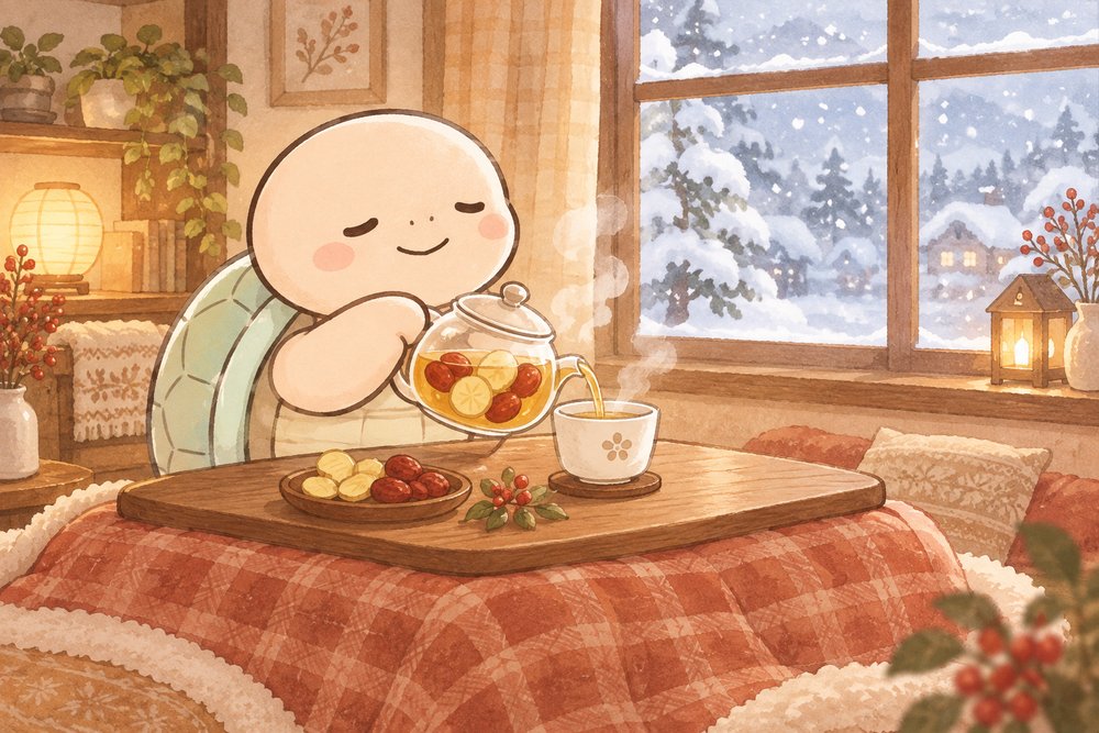 雪景色の窓辺のこたつで薬膳茶を注ぐ亀のナビ助