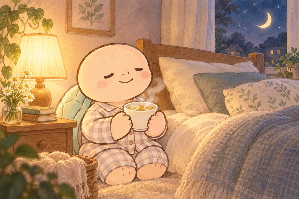 パジャマ姿で寝る前に薬膳茶を飲む亀のナビ助