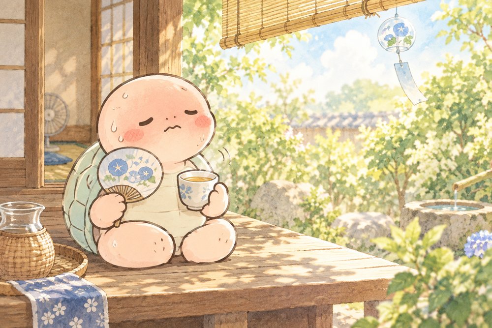 生姜湯で温まりすぎてうちわをあおぐ亀のナビ助