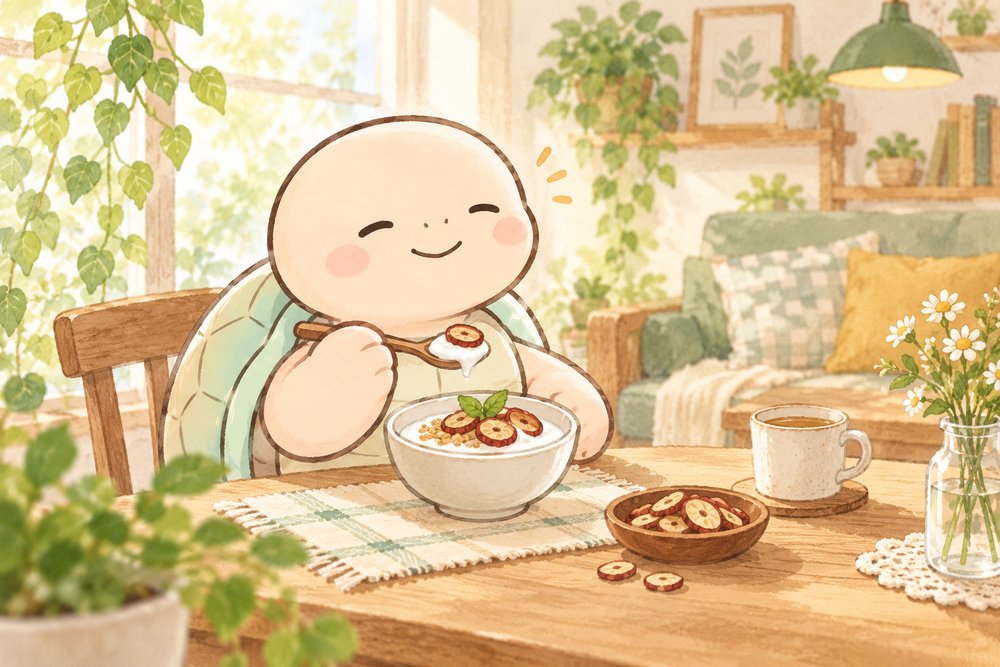 ヨーグルトになつめをのせて食べる亀のナビ助