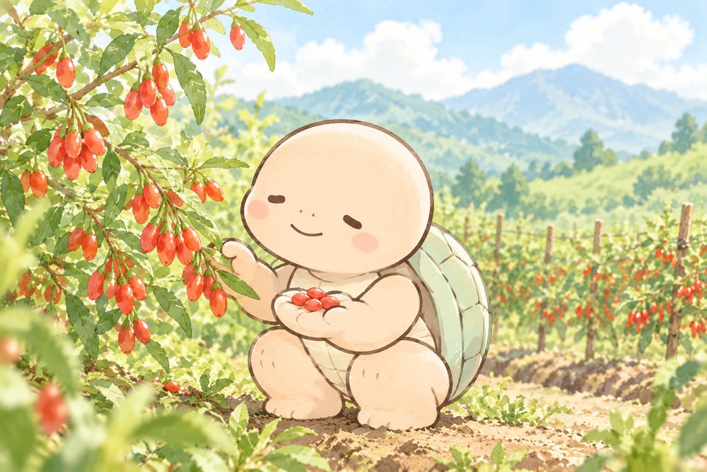 高原の畑でクコの実を手のひらにのせる亀のナビ助