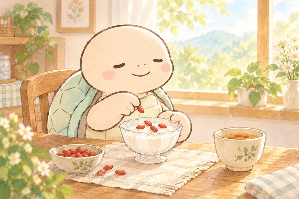 杏仁豆腐にクコの実をのせる亀のナビ助