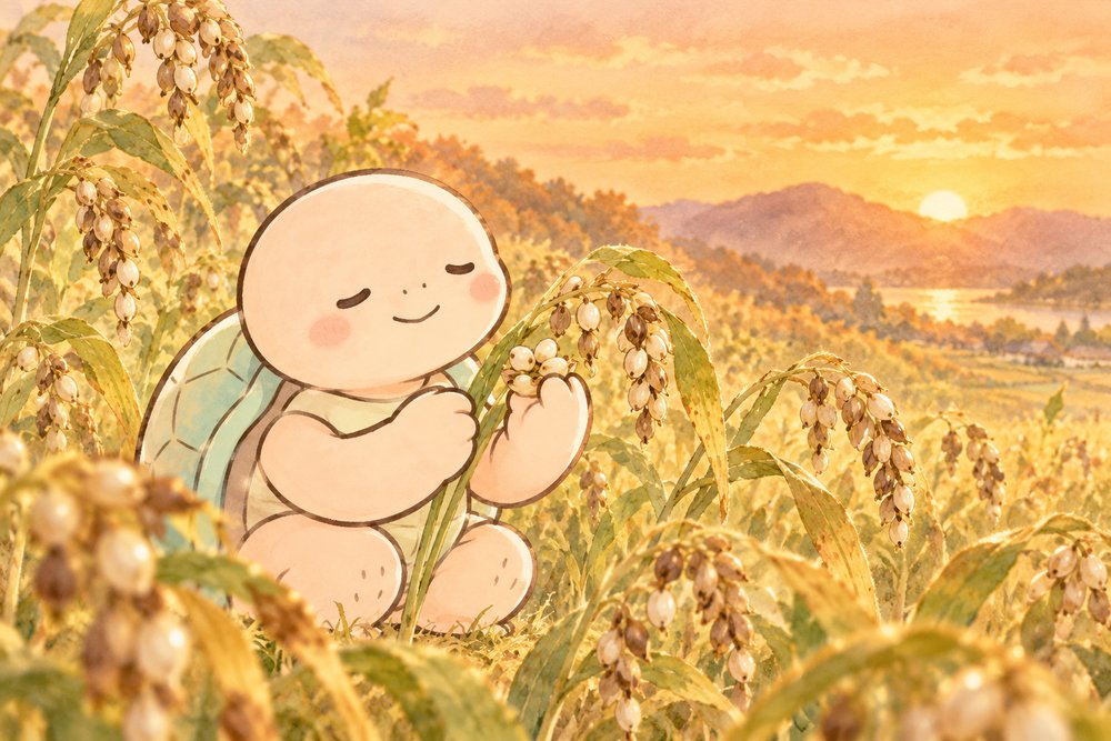 夕焼けのハトムギ畑で実を眺める亀のナビ助
