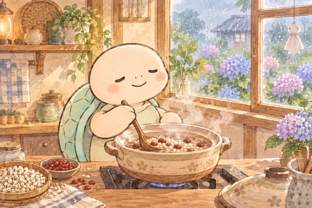 梅雨の台所でハトムギと小豆のスープを煮る亀のナビ助