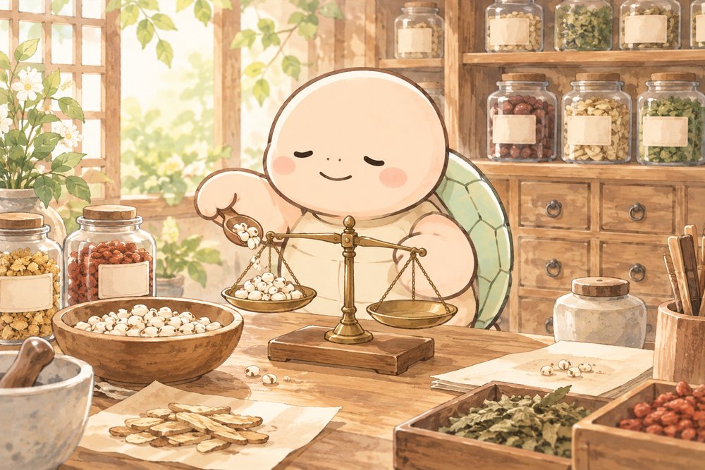 天秤ばかりでハトムギを量る亀のナビ助