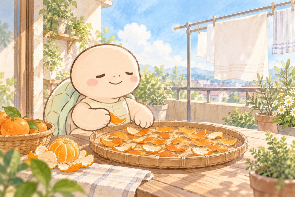 ベランダでみかんの皮を天日干しする亀のナビ助