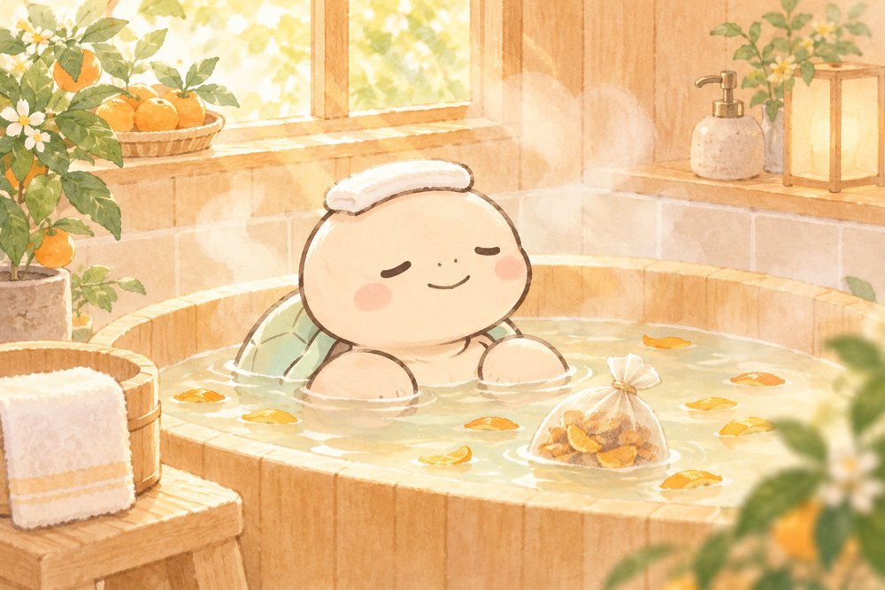 陳皮を浮かべたお風呂でくつろぐ亀のナビ助