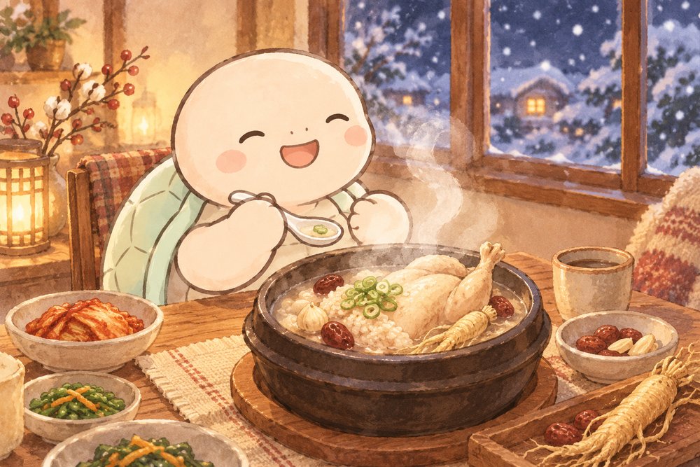 雪の夜に参鶏湯を前にうれしそうな亀のナビ助