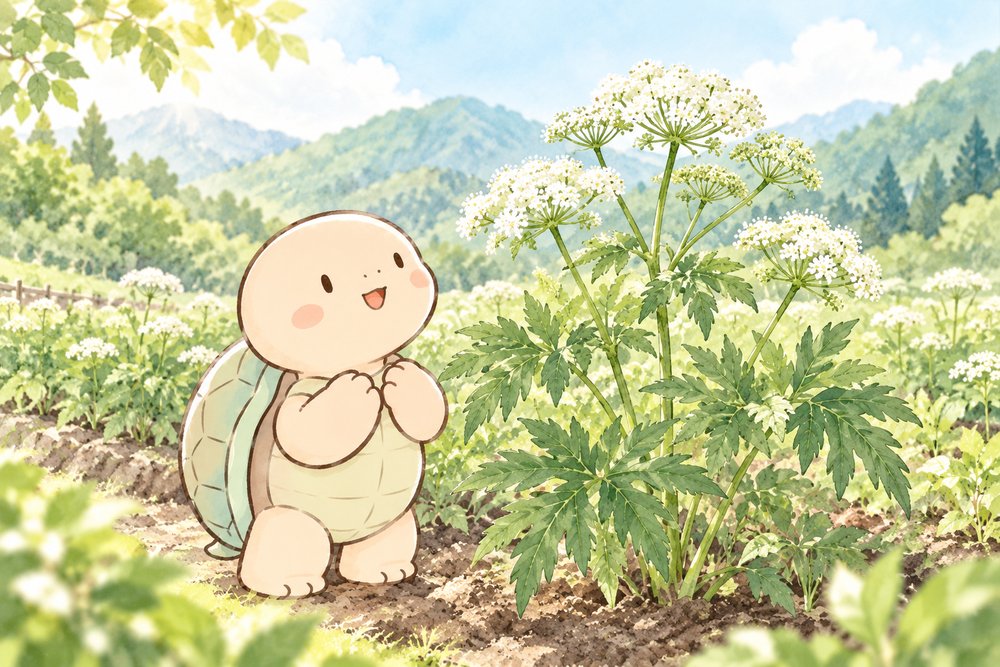 薬草畑で当帰の花を見上げる亀のナビ助