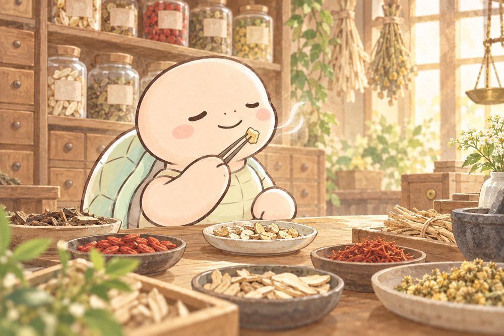 当帰の生薬をピンセットでつまんで香りをかぐ亀のナビ助