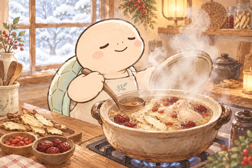 当帰入りの薬膳スープを煮込む亀のナビ助