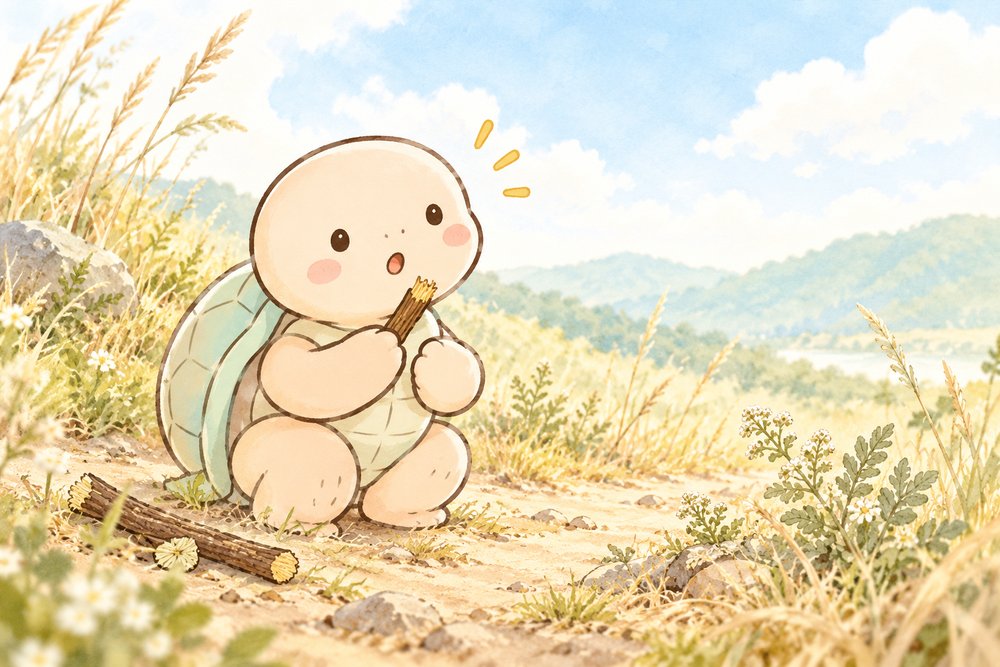 草原で甘草の根をかじって甘さに驚く亀のナビ助