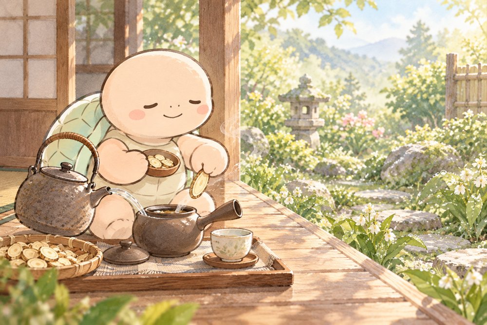 縁側で黄耆茶を淹れる亀のナビ助