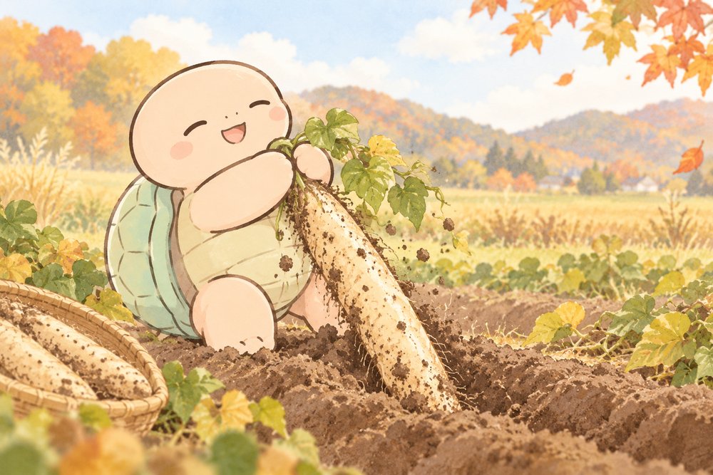 秋の畑で長芋を引き抜く亀のナビ助