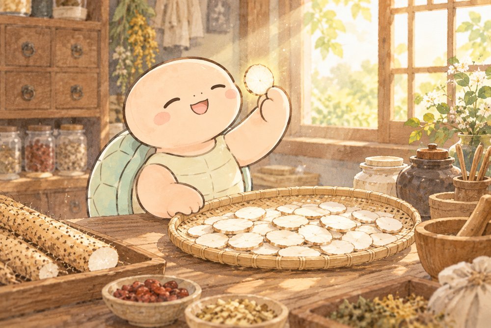 乾燥させた山薬の生薬を光にすかして見る亀のナビ助