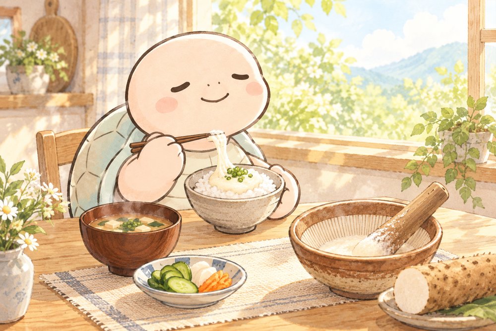 朝ごはんにとろろごはんを食べる亀のナビ助