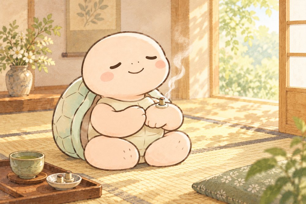 和室で手の甲にお灸をしてほっこりする亀のナビ助