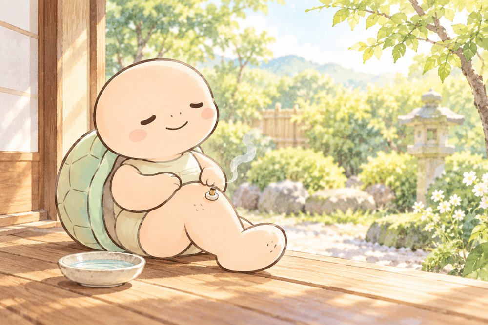 縁側で足のツボにお灸をする亀のナビ助