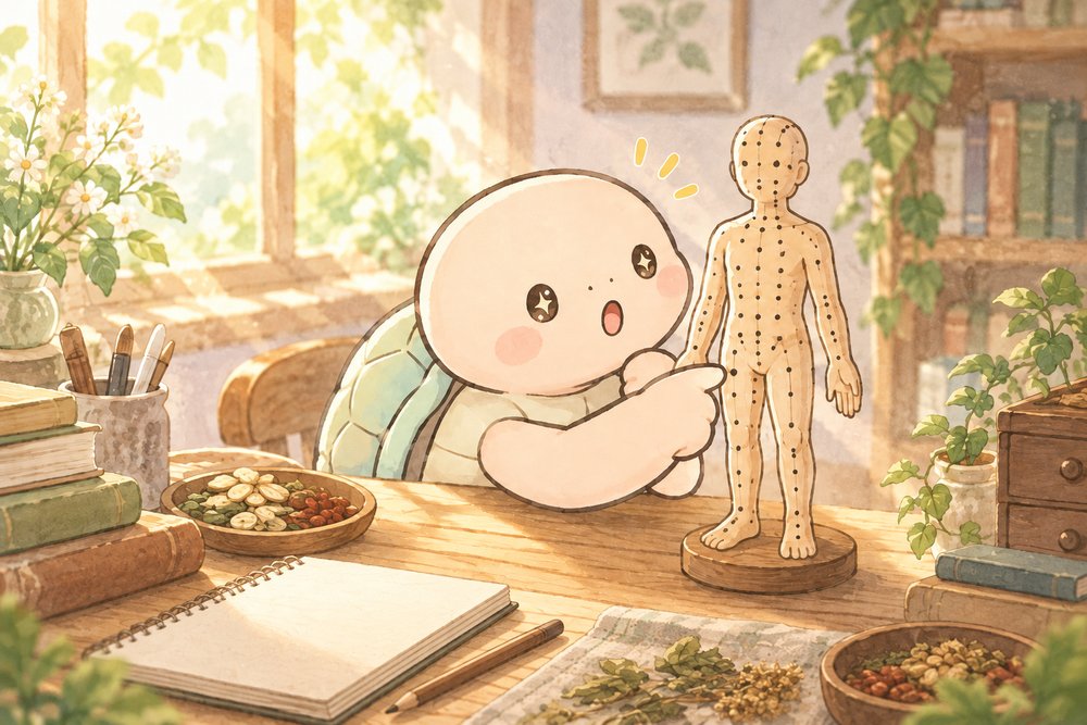ツボの模型をのぞき込んで目を輝かせる亀のナビ助
