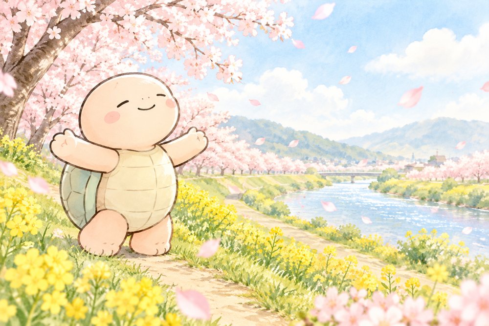 桜の土手で春の空気を深呼吸する亀のナビ助