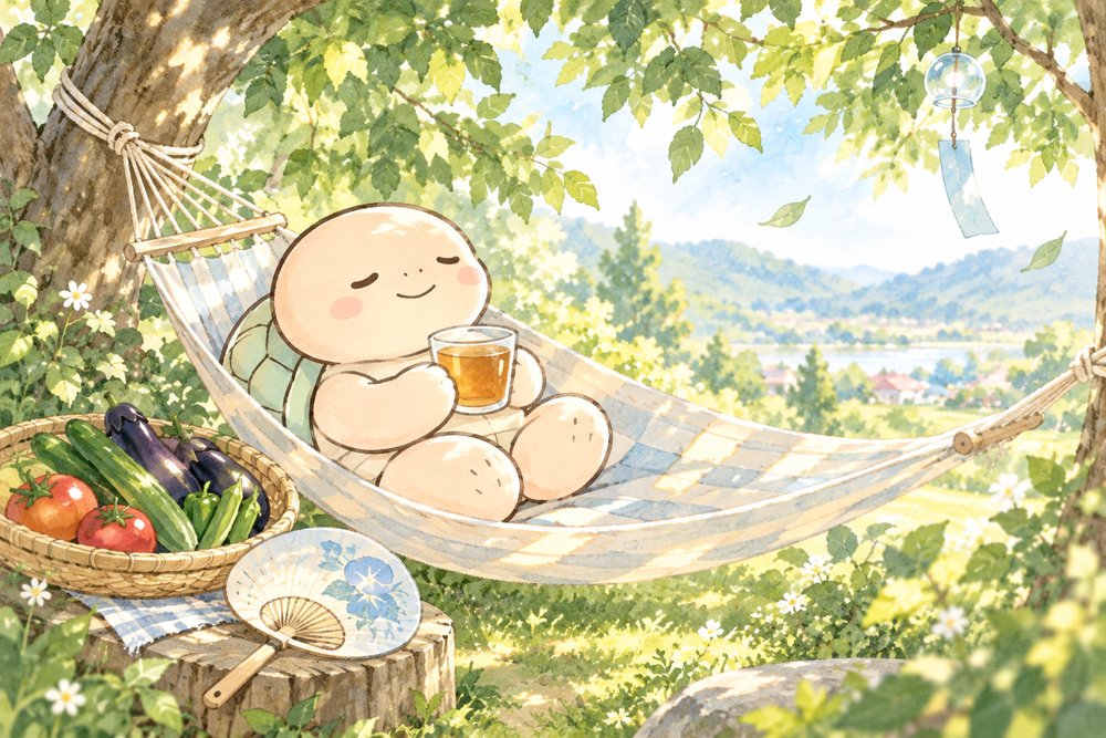 木陰のハンモックで麦茶を手に休む亀のナビ助