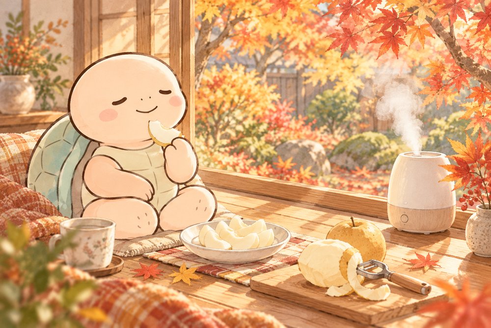 紅葉の窓辺で梨をほおばる亀のナビ助
