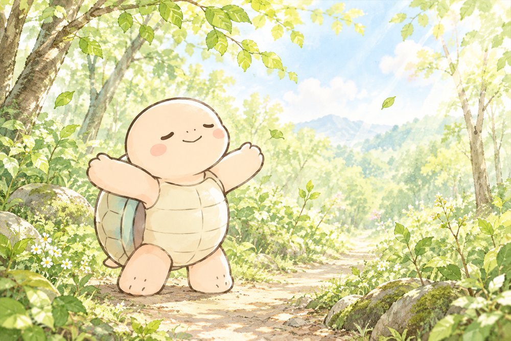 新緑の森の小道で伸び伸びと体を伸ばす亀のナビ助