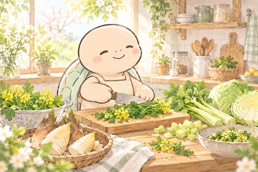 春野菜を並べて料理する亀のナビ助