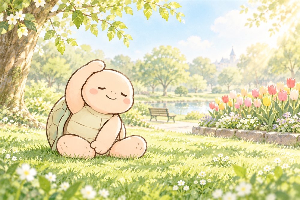 春の朝の公園でストレッチする亀のナビ助