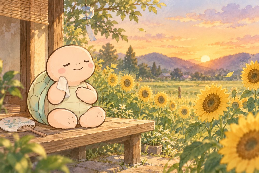 ひまわり畑のそばで胸に手を当てて心を落ち着ける亀のナビ助