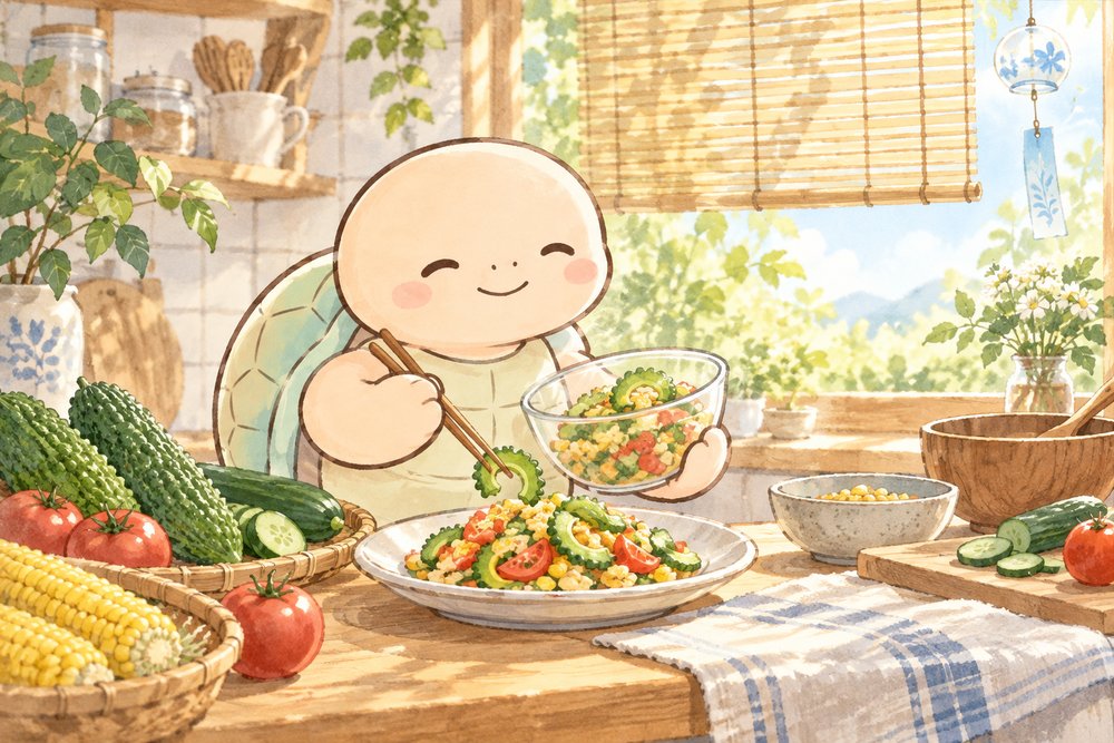 夏野菜の料理を盛り付ける亀のナビ助
