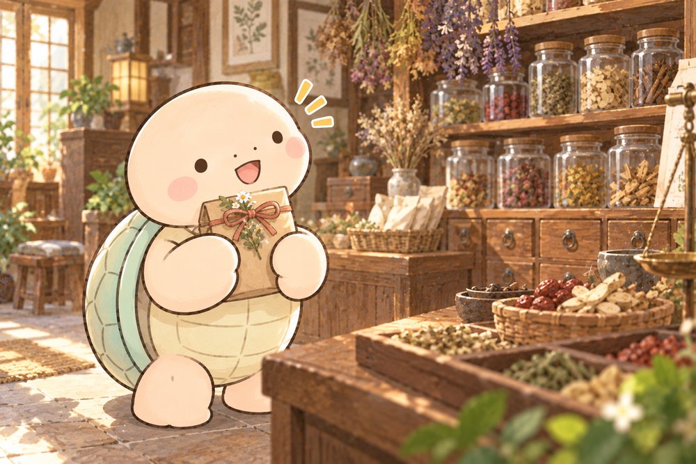 はじめての漢方の紙袋を抱えてうれしそうな亀のナビ助