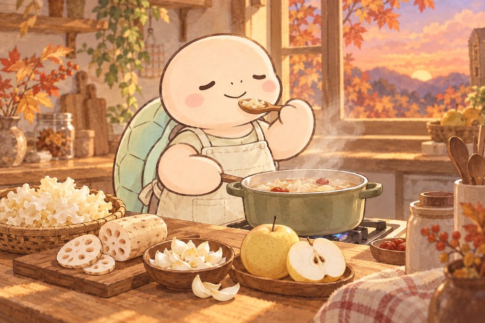 白きくらげのスープを味見する亀のナビ助