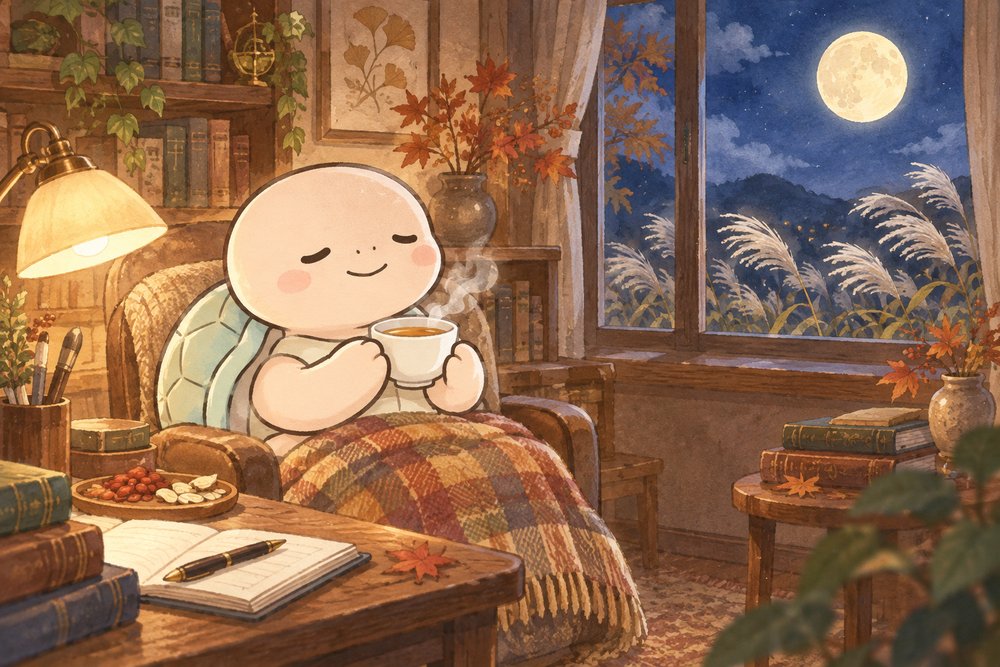 秋の夜長に書斎で漢方をすする亀のナビ助