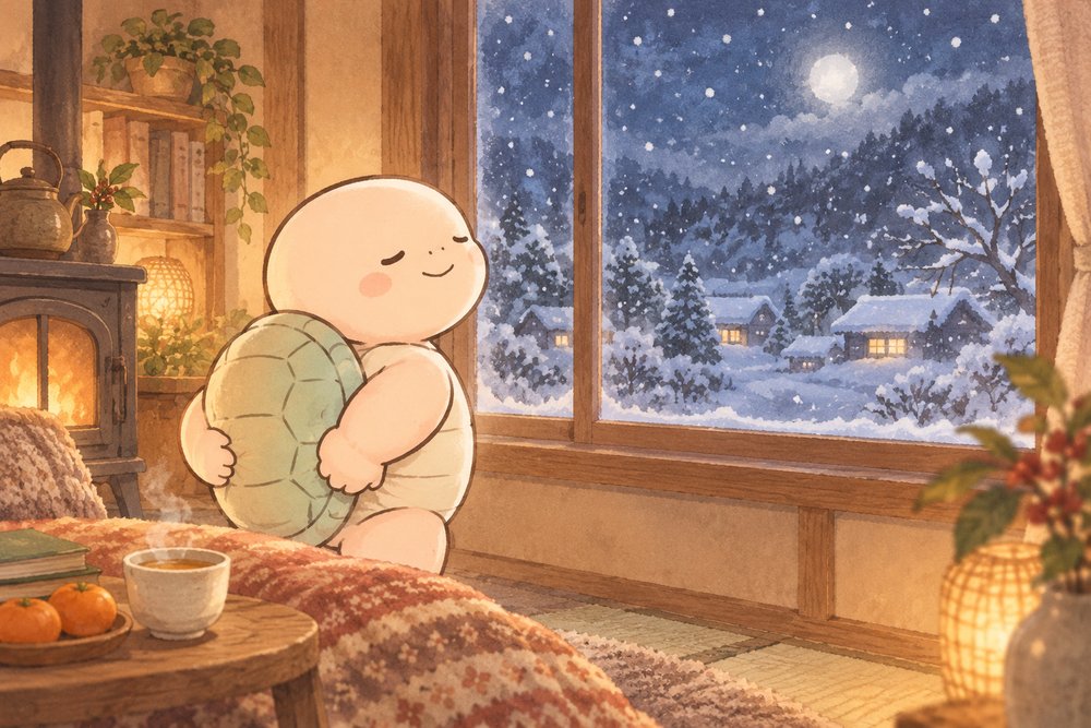 雪の夜の窓辺で腰を温める亀のナビ助
