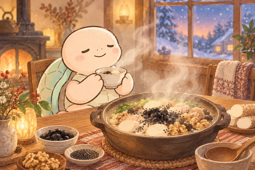黒豆や黒ごまの温かい鍋を囲む亀のナビ助