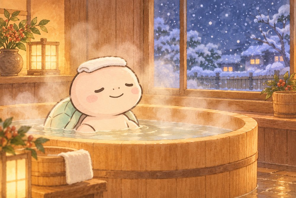 雪の夜に木の湯船で温まる亀のナビ助