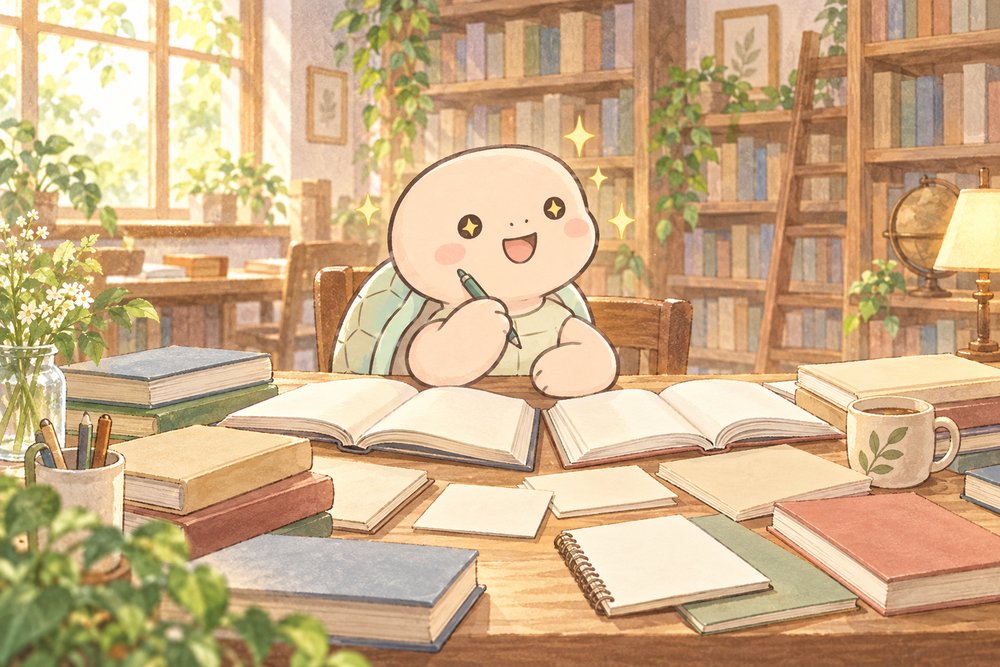 図書館で本を広げて資格を選ぶ亀のナビ助