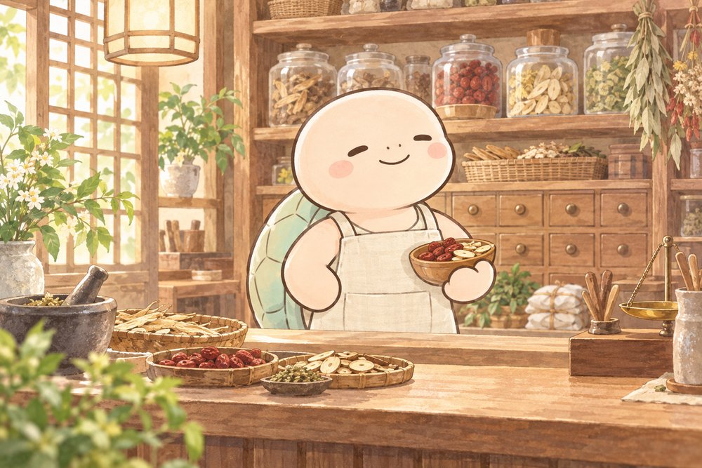 漢方のお店のカウンターに立つエプロン姿の亀のナビ助