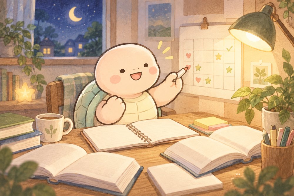 カレンダーに印をつけて学習計画を立てる亀のナビ助