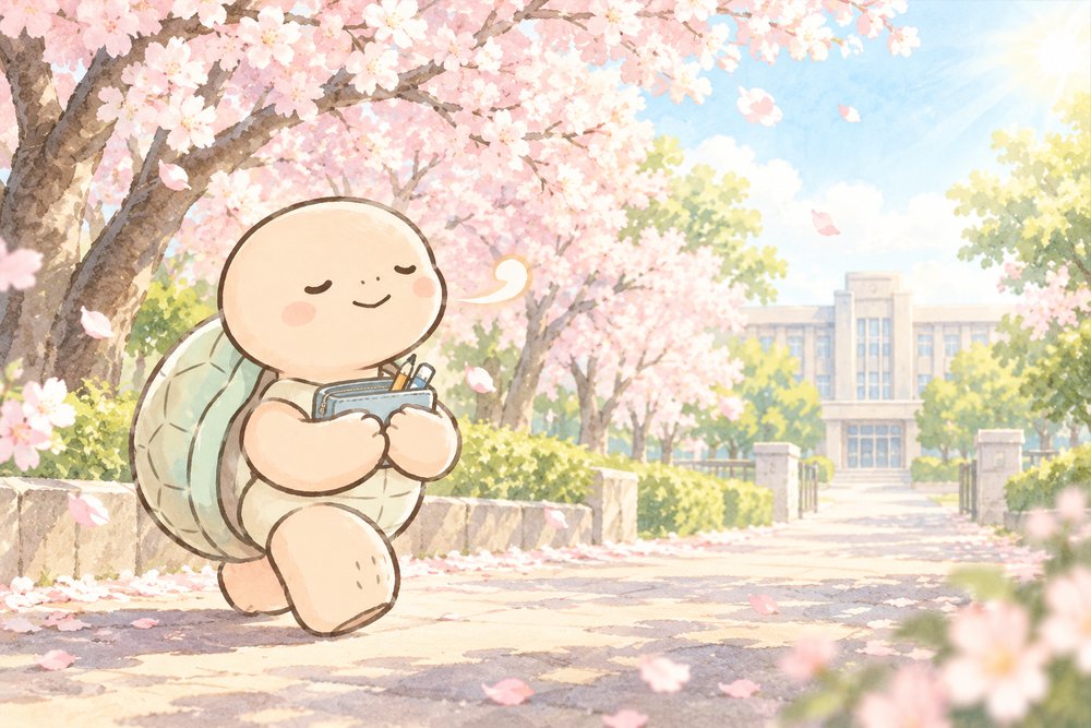 桜並木を試験会場へ向かう亀のナビ助